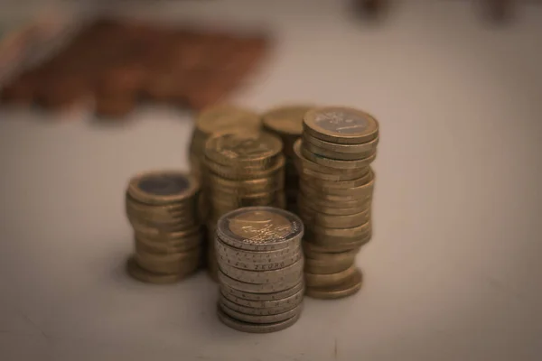 Closeup Euros Cents Stacked Table — Stock Photo, Image
