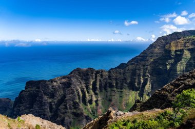 Nualolo Valley on the Na Pali Coast, Kauai, Hawaii, with the Pacific Ocean in the background. View from the Nualolo Hiking Trail near Waimea Canyon.