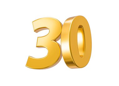 A 3D rendering of the golden thirty number icon isolated on a white background