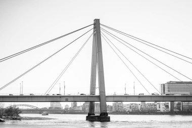 A grayscale of a bridge over the lake under the clear sky