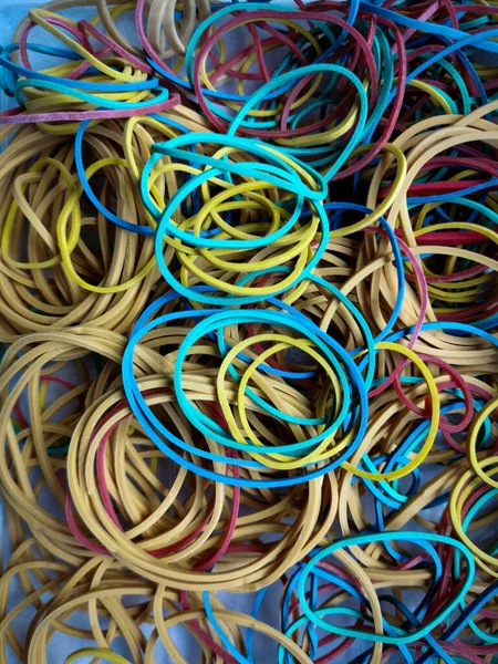 Closeup Shot Bunch Colorful Rubber Bands Dispersed Surface — Stok fotoğraf