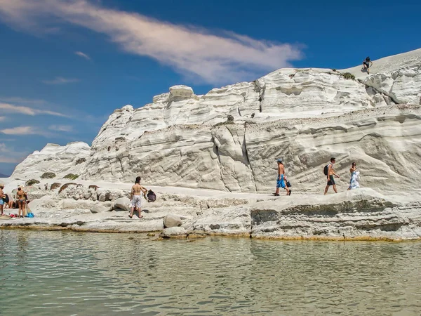 A landscape view of the rocky cliff at Sarakiniko beach, Milos island, Cyclades, Greece