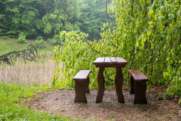Arboretum of Csacs, Zalaegerszeg, Macaristan 'da koltukları olan bir masaya yakın çekim.
