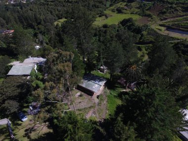 Güneşli bir günde yeşil ormanlarla kaplı tepelerin ve kırsal alandaki evlerin kuş bakışı görüntüsü