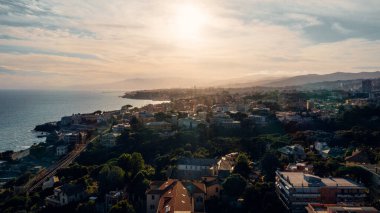 A scenic view of Genoa coastline at sunrise, Italy