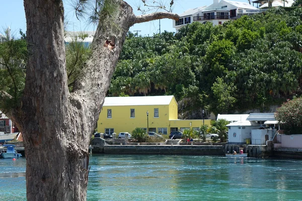 Marina Scene Colourful Boats Houses Sunny Day Concept Holiday Relaxation — Stock Photo, Image
