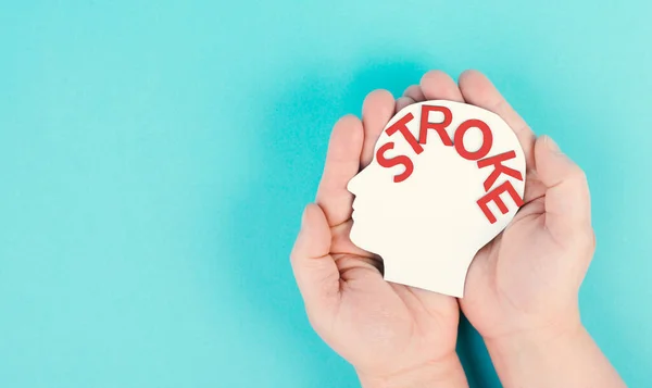 Holding Head Word Stroke Hand Brain Injury Ischemic Hemorrhagic Types — Stock Photo, Image