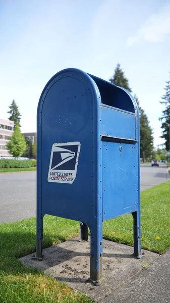 Closeup Blue Metal Mailbox Streets Sunny Day — Stock Photo, Image