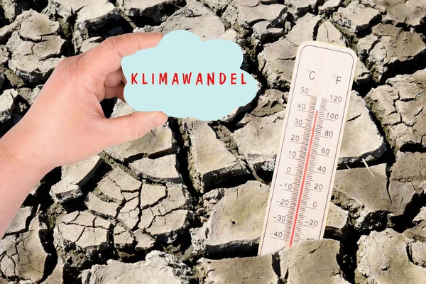 Dry Earth Thermometer Global Warming Concept Climate Change Standing German — Stock Photo, Image