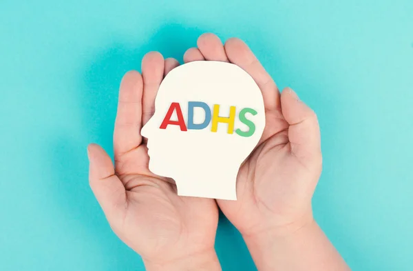 Hands Holding Head German Word Adhs Which Means Attention Deficit — Foto Stock