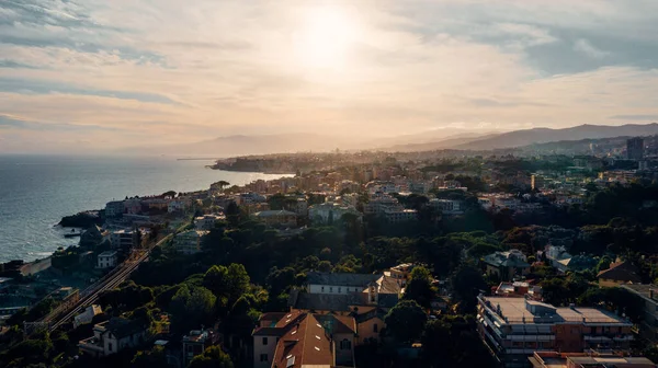 A scenic view of Genoa coastline at sunrise, Italy