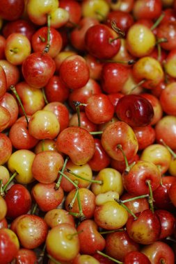 Arka plandaki kiraz yığınına yakın plan.