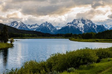 Karla kaplı dağların arkasında yeşil ağaçlarla çevrili bir nehir manzarası.
