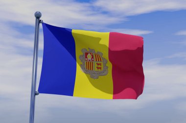 A 3D render illustration of a flag of Andorra with chrome pole in blue sky waving in the wind