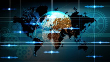 Yüksek hız. Dünya haritası soyut teknoloji arkaplan kavramı. Koyu mavi arkaplan üzerinde hareket deseni ve hareket bulanıklığı.