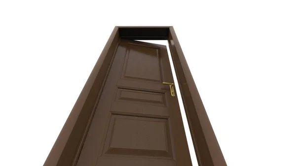 オープン 閉じたドアの創造的な木製の古典的なドアのイラストは 背景に隔離された現実的な戸口の3Dイラストをレンダリングします — ストック写真