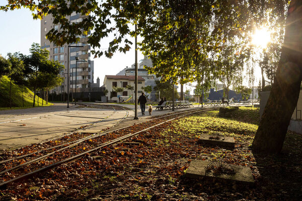 Caxias do Sul, Rio Grande do Sul, Brazil - 12th May, 2022: Autumn leaves and old railway at Train Square. People walking the dog at sunset time