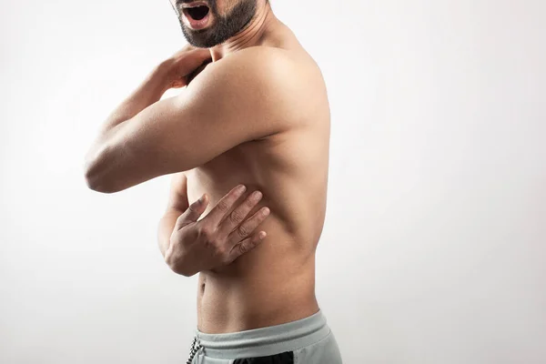 Body Pain Lats Muscle Injury Portrait Young Muscular Guy Touching — Stock Photo, Image