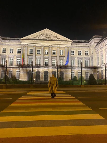 Lone Man Crossing Street Front Federal Parliament Building Night Belgium — Zdjęcie stockowe