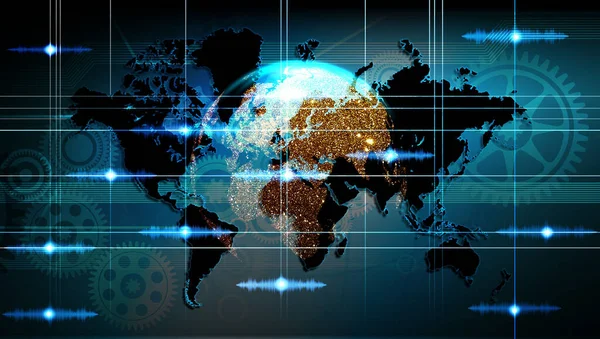 Yüksek hız. Dünya haritası soyut teknoloji arkaplan kavramı. Koyu mavi arkaplan üzerinde hareket deseni ve hareket bulanıklığı.