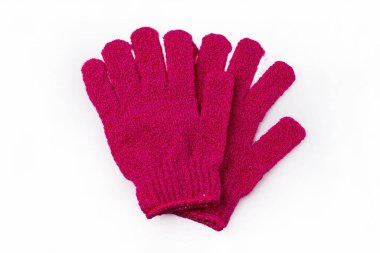 A pair of red microfiber gloves on a white surface