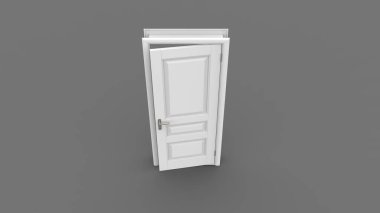 Açık, kapalı kapının yaratıcı beyaz kapı çizimi, girişi gerçekçi bir kapı arkaplanı 3D çizimi
