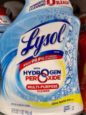 Augusta, Ga USA - 04 22 22: Cleaning products on retail shelf Lysol spray cleaner
