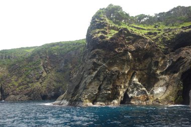 A beautiful landscape view of the cliffside of the Flores Island in bright sunlight in Azores, Portugal
