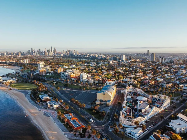 Aerial View Sun Rises Kilda Melbourne Winter Morning Many Clouds — Stock Photo, Image