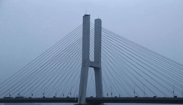 View Cable Stayed Bridge Afar Gloomy Weather Background Gray Sky —  Fotos de Stock