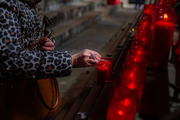 Barcelona Spain April 2022 Hand Unrecognizable Believing Woman Lighting Candle — Stock Photo, Image