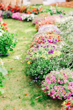 Çiçeklerle süslenmiş düğün yerinin seçici odak noktası.