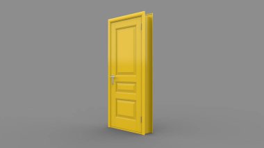 Açık, kapalı kapının yaratıcı çizimi, girişi gerçekçi sarı kapı girişi. Arka planda 3 boyutlu illüstrasyon.