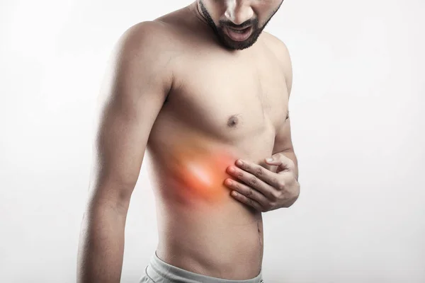 One Shirtless Male Painful Grimace Expression Face Touching His Thoracic — Stock Photo, Image