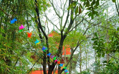 Parktaki bir ipte renkli dekorasyonların yakın çekimi.