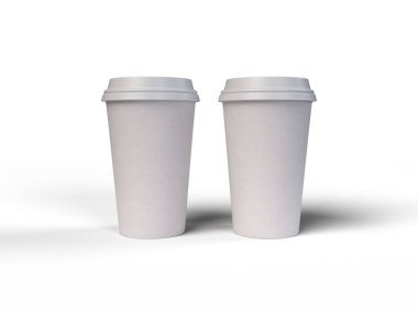 Katı bir arka planda beyaz kahve fincanlarının üç boyutlu çizimi