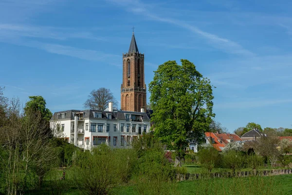 Stadsgezicht Het Nederlandse Platteland Met Authentieke Bakstenen Kerktoren Boven Weiden — Stockfoto