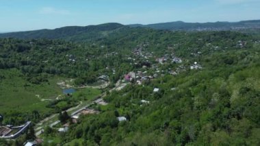 An aerial view over Telega saltwater lakes in the Prahova region, Romania