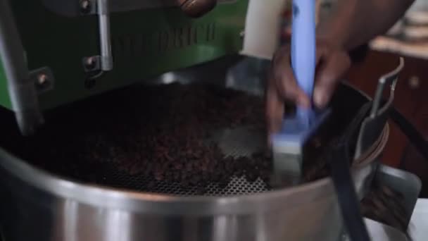 Крупный План Человеческой Руки Фильтрующей Кофейные Зерна Через Машину — стоковое видео