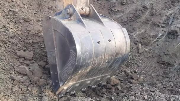 Close Excavator Bucket Digs Ground — Wideo stockowe
