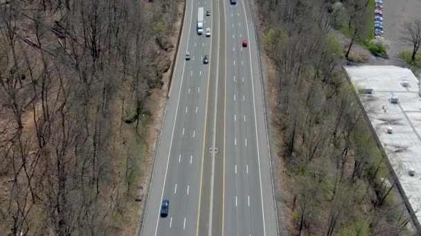 Aerial View Cars Moving Highway Road Surrounded Trees — Stock videók