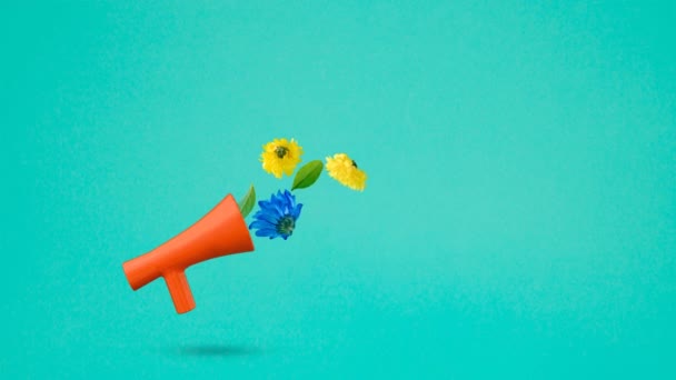 Red Megaphone Colorful Flowers Flying Out Turquoise Background Positive News — Wideo stockowe