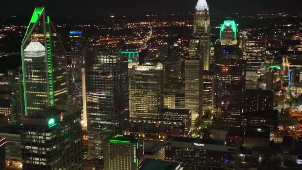 Aerial Drone Shot Skyscrapers Streets Uptown Charlotte Night — Video