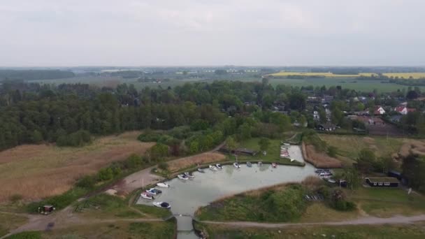 Aerial Drone Footage Natural River Harbor Small Boats Connected Sea — Vídeos de Stock