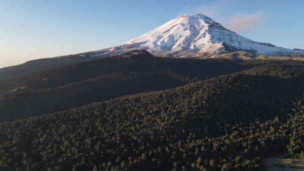 Aerial Slow Movement Popocatepetl Active Stratovolcano Surrounded Dense Forest — 비디오