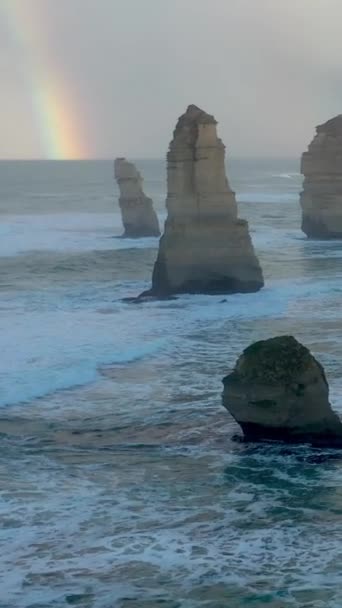 Beautiful View Ocean Waves Splashing Stacks Twelve Apostles Rainbow — Stockvideo