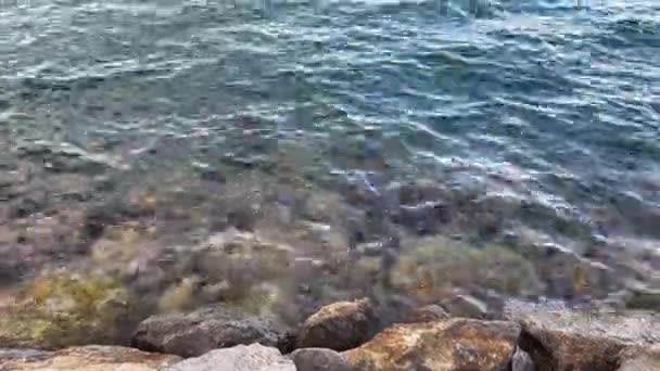 Мирная Сцена Коротких Морских Волн Ударяется Скалы Пляже — стоковое видео
