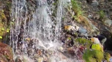 Hindistan, Bhimtal yakınlarında akan kayalık bir şelalenin yakın çekimi.