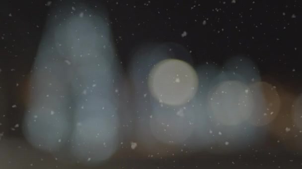 Μια Όμορφη Λήψη Νιφάδων Χιονιού Που Πέφτουν Στα Φωτισμένα Χριστουγεννιάτικα — Αρχείο Βίντεο