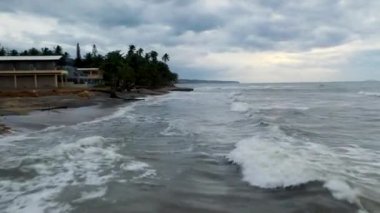 A drone shot over the sea waves with trees on beach of Coast of Aguada, Puerto Rico